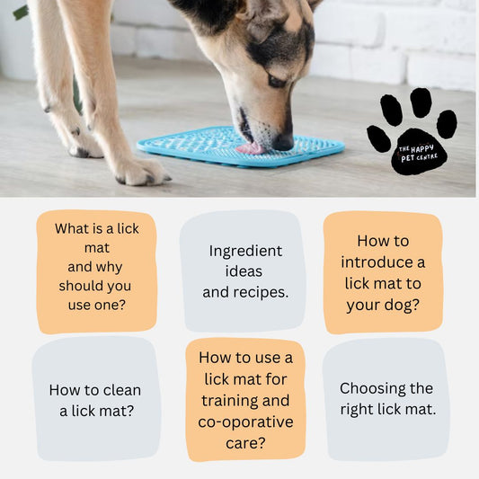 Dog licking a lick mat and what's included in the lick mat guide