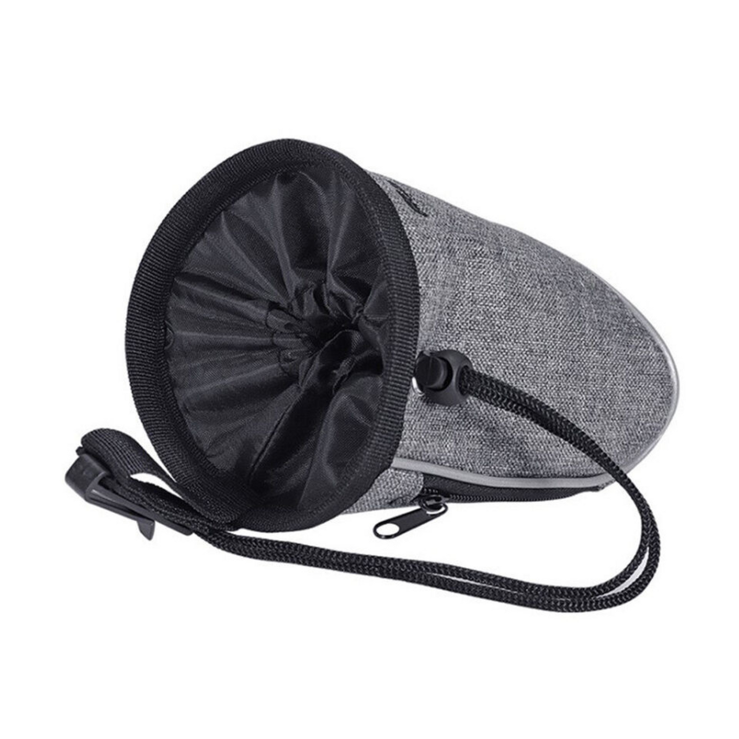 Grey dog training pouch with drawstring opening