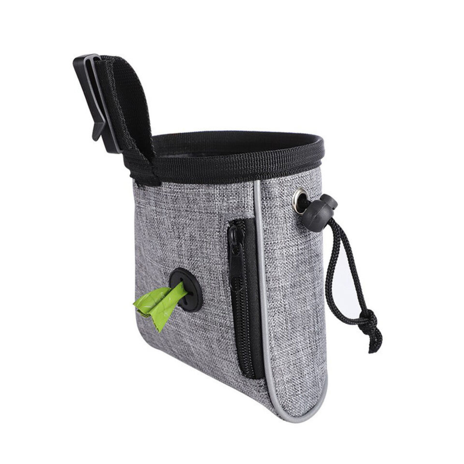 Grey dog training pouch with clip and zip pocket for poop bags